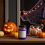Load image into Gallery viewer, Halloween-themed display with a carved pumpkin, purple hand poured candle labeled Trick or Treat, and candy jar on a table. Southern Charm Farmhouse.
