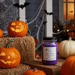 Load image into Gallery viewer, Halloween-themed setting with lit pumpkins, hay bales, and a purple hand poured candle labeled 'Trick or Treat'. Southern Charm Farmhouse.
