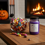 Load image into Gallery viewer, Halloween-themed Trick or Treat hand poured candle and candy bowl on a wooden table with a fireplace in the background. Southern Charm Farmhouse.

