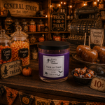 Load image into Gallery viewer, A purple scented hand poured candle in a clear glass jar with a black lid sits on a rustic wooden counter in a Halloween-themed shop scene. The label reads ' Trick or Treat'. Southern Charm Farmhouse.
