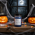 Load image into Gallery viewer, Hand poured Candle jar labeled 'Twilight Woods' on a Halloween-themed setting with pumpkins and spider webs. Southern Charm Farmhouse.
