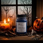 Load image into Gallery viewer, Hand poured Candle jar labeled 'Twilight Woods' with Halloween decor including a jack-o'-lantern and candles. Southern Charm Farmhouse.
