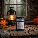 Load image into Gallery viewer, Hand poured Candle labeled 'Twilight Woods' on a wooden surface with Halloween decorations. Southern Charm Farmhouse.
