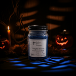 Load image into Gallery viewer, Hand Poured Candle jar labeled 'Twilight Woods' with Halloween-themed decorations in the background. Southern Charm Farmhouse.
