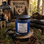 Load image into Gallery viewer, A blue glass jar candle with a black lid and a white label reading 'Twilight Woods' by Southern Charm Farmhouse, styled on a wood slice with pine needles, a lantern, books, and a rustic sign in a forest-themed setting.
