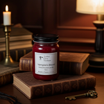 Load image into Gallery viewer, Hand Poured Candle labeled 'Vampire's Blood' on an old book with a vintage ambiance. Southern Charm Farmhouse.
