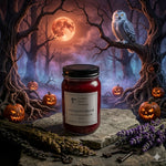 Load image into Gallery viewer, Hand poured Candle labeled 'Vampire's Blood' in a Halloween-themed setting with pumpkins and an owl. Southern Charm Farmhouse.

