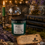 Load image into Gallery viewer, A hand-poured candle in a clear glass jar with a black lid and green wax, labeled 'Witches Brew' by Southern Charm Farmhouse, styled on a rustic table with a lit green candle, crystal ball, book stack, dried lavender, and a card reading 'Witches Brew'.
