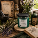 Load image into Gallery viewer, A hand-poured candle labeled Witches Brew in a clear glass jar with a black lid sits on a rustic wooden surface surrounded by witch-themed props, including a mortar and pestle, dried lavender, an open book, a bottle of mandrake roots, and a framed recipe card. Southern Charm Farmhouse.
