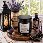 Load image into Gallery viewer, A black jar candle labeled 'Witching Hour' by Southern Charm Farmhouse, styled on a wooden tray with a lantern, purple flowers, crystals, and potion bottles in a rustic window setting.
