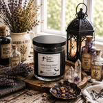Load image into Gallery viewer, A jar candle labeled ' Witching Hour' sits on a rustic wooden tray surrounded by themed props including a black lantern, small bottles, crystals, dried lavender, and a book on a weathered table near a window. Southern Charm Farmhouse.
