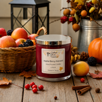 Load image into Gallery viewer, Jar of 'Apple Berry Harvest' hand poured candle with autumn-themed decor on a wooden surface, Southern Charm Farmhouse.
