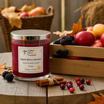 Load image into Gallery viewer, Hand poured Candle labeled 'Apple Berry Harvest' with autumn fruits and leaves on a wooden surface. Southern Charm Farmhouse.
