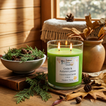 Load image into Gallery viewer, Green hand poured candle labeled 'Cedar &amp; Autumn Leaves' on a wooden surface with decorative elements.  Southern Charm Farmhouse.

