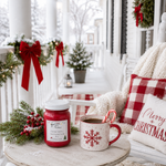 Load image into Gallery viewer, A holiday-themed lifestyle scene on a snowy porch featuring a jar candle labeled 'Candy Cane' on a rustic wooden table next to a white mug with a red snowflake. The porch is decorated with red bows, green garlands, red-and-white gingham pillows, and a 'Merry Christmas' pillow. Southern Charm Farmhouse.
