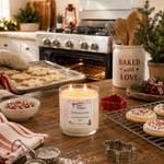 Load image into Gallery viewer, A lit double-wick candle labeled 'Christmas Cookie' sits on a wooden kitchen table surrounded by holiday baking props, including cookies, sprinkles, a cookie cutter, and a stove in the background. Southern Charm Farmhouse.
