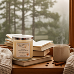 Load image into Gallery viewer, Hand Poured Caramel Cappuccino Brulee Candle and mug on books with a forest view. Southern Charm Farmhouse.
