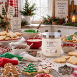 Load image into Gallery viewer, A hand-poured scented candle in a clear glass jar with a silver lid sits on a decorated holiday cookie baking table. The candle label reads 'Christmas Cookie'. Southern Charm Farmhouse.
