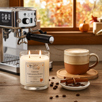 Load image into Gallery viewer, Hand poured Candle labeled 'Caramel Cappuccino Brulee' next to an espresso machine and a cup of coffee on a wooden surface. Southern Charm Farmhouse.
