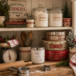 Load image into Gallery viewer, A cozy rustic kitchen shelf display featuring a white jar candle labeled 'Christmas Cookie' in the center, surrounded by flour and sugar glass jars, red holiday cookie tins, a vintage scale, wooden utensils, and baking tools. Southern Charm Farmhouse.

