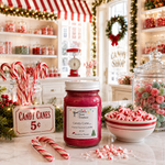 Load image into Gallery viewer, A festive hand-poured candle labeled Candy Cane in a glass jar sits on a marble counter in a holiday candy shop setting, surrounded by candy canes, a bowl of peppermint candies, and a sign reading 'Candy Cane 5¢'. Southern Charm Farmhouse.
