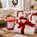 Load image into Gallery viewer, A lit red holiday hand poured candle in a glass jar labeled Candy Cane sits on a wooden table surrounded by wrapped gift boxes, red ribbon, candy canes, greenery, scissors, and Christmas decorations in a cozy living room setting. Southern Charm Farmhouse.
