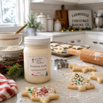 Load image into Gallery viewer, A hand poured candle labeled 'Christmas Cookie'  sits on a kitchen counter surrounded by decorated Christmas cookies, a rolling pin, cookie cutters, and holiday greenery, with a farmhouse baking sign in the background. Southern Charm Farmhouse.
