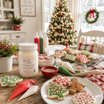 Load image into Gallery viewer, A candle hand-poured Christmas cookie candle displayed on a rustic wooden table surrounded by decorated sugar cookies, piping bags, and a festive Christmas tree in the background. Southern Charm Farmhouse
