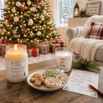Load image into Gallery viewer, A hand-poured candle in a glass jar labeled 'Christmas Cookie' is lit on a wooden table next to a glass of milk, a plate of cookies, a handwritten note, and a decorated Christmas tree in the background. Southern Charm Farmhouse.

