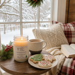 Load image into Gallery viewer, A lit hand-poured Christmas Cookie candle in a glass jar sits on a wooden table beside a mug of coffee, decorated cookies, and an open book, set in a cozy living room by a window with a snowy outdoor view. Southern Charm Farmhouse.
