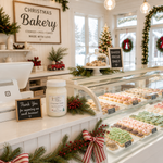 Load image into Gallery viewer, A decorated bakery interior with a glass pastry display case filled with pastries, a white counter with baked goods and signs, and holiday greenery and wreaths. A large sign reads “Christmas Bakery,” and a hand poured candle labeled “Christmas Cookie” sits on the counter. Southern Charm Farmhouse.
