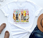 Load image into Gallery viewer, White t-shirt with colorful chicken design and text 'Easily Distracted by Chickens' on a white background. Southern Charm Farmhouse.
