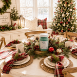 Load image into Gallery viewer, Christmas Tree candle in a bright farmhouse breakfast room with Christmas tree, greenery and festive red holiday accents. Southern Charm Farmhouse.
