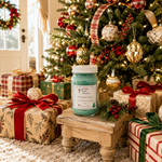 Load image into Gallery viewer, Christmas Tree candle beside wrapped Christmas presents in red, green, cream and gold under a decorated holiday tree. Southern Charm Farmhouse.
