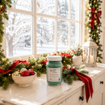 Load image into Gallery viewer, Christmas Tree candle near a bright snowy window framed with evergreen garland, red velvet ribbon and Christmas lights. Southern Charm Farmhouse.
