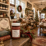 Load image into Gallery viewer, A large jar hand poured candle labeled 'Dickens Christmas' by Southern Charm Farmhouse. sits on a rustic wooden counter in a cozy, decorated holiday shop. The shop features shelves of candles, a Christmas tree, wreaths, and warm lighting.
