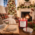 Load image into Gallery viewer, A festive hand-poured candle in a clear glass jar sits on a wooden table in a cozy holiday living room. The candle has a red wax body and a white label that reads 'Dickens Christmas' and 'Hand Poured Candle' with 'Made in Texas'. Southern Charm Farmhouse

