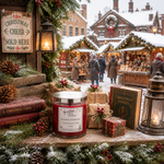 Load image into Gallery viewer, A red jar hand poured candle with a silver lid sits on a rustic wooden display in a snowy Christmas market scene. The candle label reads 'Dickens Christmas'. Southern Charm Farmhouse
