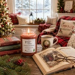Load image into Gallery viewer, A lit jar candle labeled Dickens Christmas Hand Poured Candle by Southern Comfort Candle Co. sits on a rustic table in a cozy holiday living room scene with an open book, mug, pillows, and a Christmas tree in the background.
