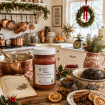 Load image into Gallery viewer, A jar of Dickens Christmas hand-poured candle is displayed on a rustic kitchen table surrounded by holiday decorations, copper pots, and baking ingredients, with the candle jar centered and clearly labeled. Southern Charm Farmhouse.
