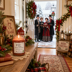 Load image into Gallery viewer, A lit candle in a glass jar sits on a wooden table in a decorated holiday home interior, with a group of people singing in the snow outside the doorway. The candle label reads 'Dickens Christmas Hand Poured Candle' and shows the brand 'Southern Charm Farmhouse.'.
