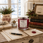 Load image into Gallery viewer, A hand-poured candle in a clear glass jar with a silver lid sits on a rustic wooden table in a cozy holiday-themed room. The candle label reads 'Dickens Christmas'. Southern Charm Farmhouse
