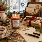 Load image into Gallery viewer, A lit hand-poured candle labeled Dickens Christmas in a clear glass jar sits on a wooden table surrounded by Christmas-themed props, including vintage postcards, stamps, glasses, and a teacup, with a window and wreath in the background. Southern Charm Farmhouse.

