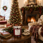 Load image into Gallery viewer, A festive holiday living room scene with a decorated Christmas tree, burning fireplace, wrapped gifts, and a large red candle jar in the foreground on a wooden table. The hand poured candle label reads Dickens Christmas. Southern Charm Farmhouse
