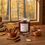 Load image into Gallery viewer, Hand poured Candle labeled 'Fireside Glow' on a wooden surface with autumn decorations.  Southern Charm Farmhouse.
