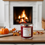 Load image into Gallery viewer, Red hand poured candle labeled 'Fireside Glow' on a wooden surface with a fireplace in the background.  Southern Charm Farmhouse.
