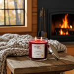 Load image into Gallery viewer, Red candle labeled 'Fireside Glow' on a wooden surface with a fireplace in the background.  Southern Charm Farmhouse.
