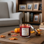 Load image into Gallery viewer, Red hand poured candle with a label Fireside Glow on a wooden table with autumn leaves and a pumpkin, in a cozy living room setting.  Southern Charm Farmhouse.
