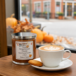 Load image into Gallery viewer, Gingerbread House hand poured candle with a cup of coffee and cookie on a table with pumpkins in the background.  Southern Charm Farmhouse.
