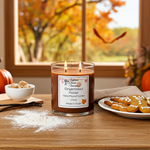 Load image into Gallery viewer, Gingerbread-themed hand poured candle on a table with cookies and pumpkins, autumn leaves outside the window.  Southern Charm Farmhouse.
